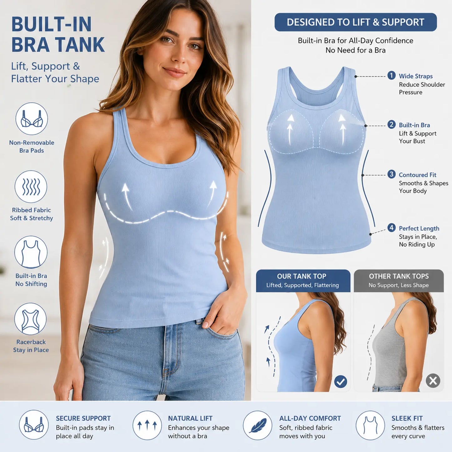 Built-in Bra Tank Top for Women, Ribbed Cami