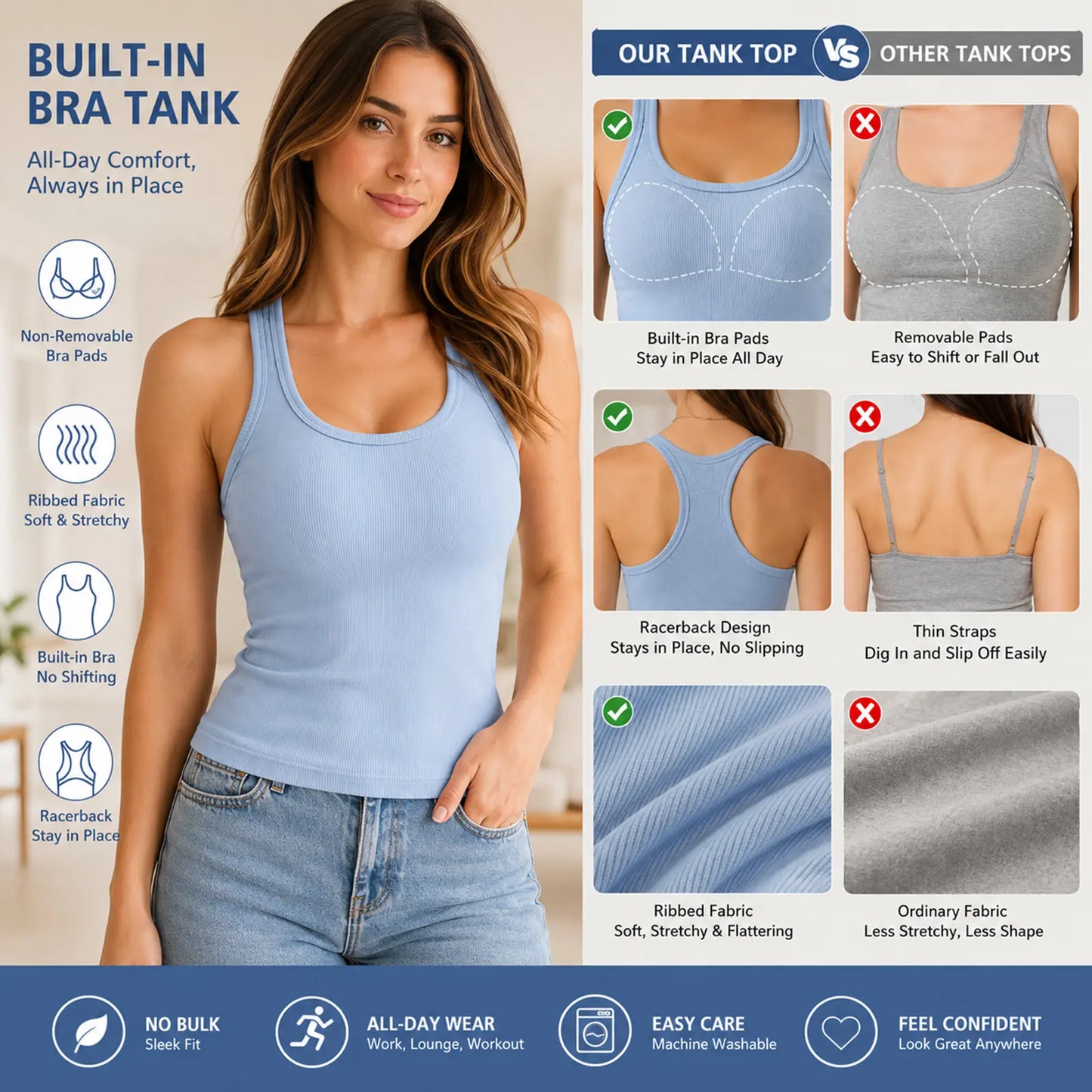 Built-in Bra Tank Top for Women, Ribbed Cami