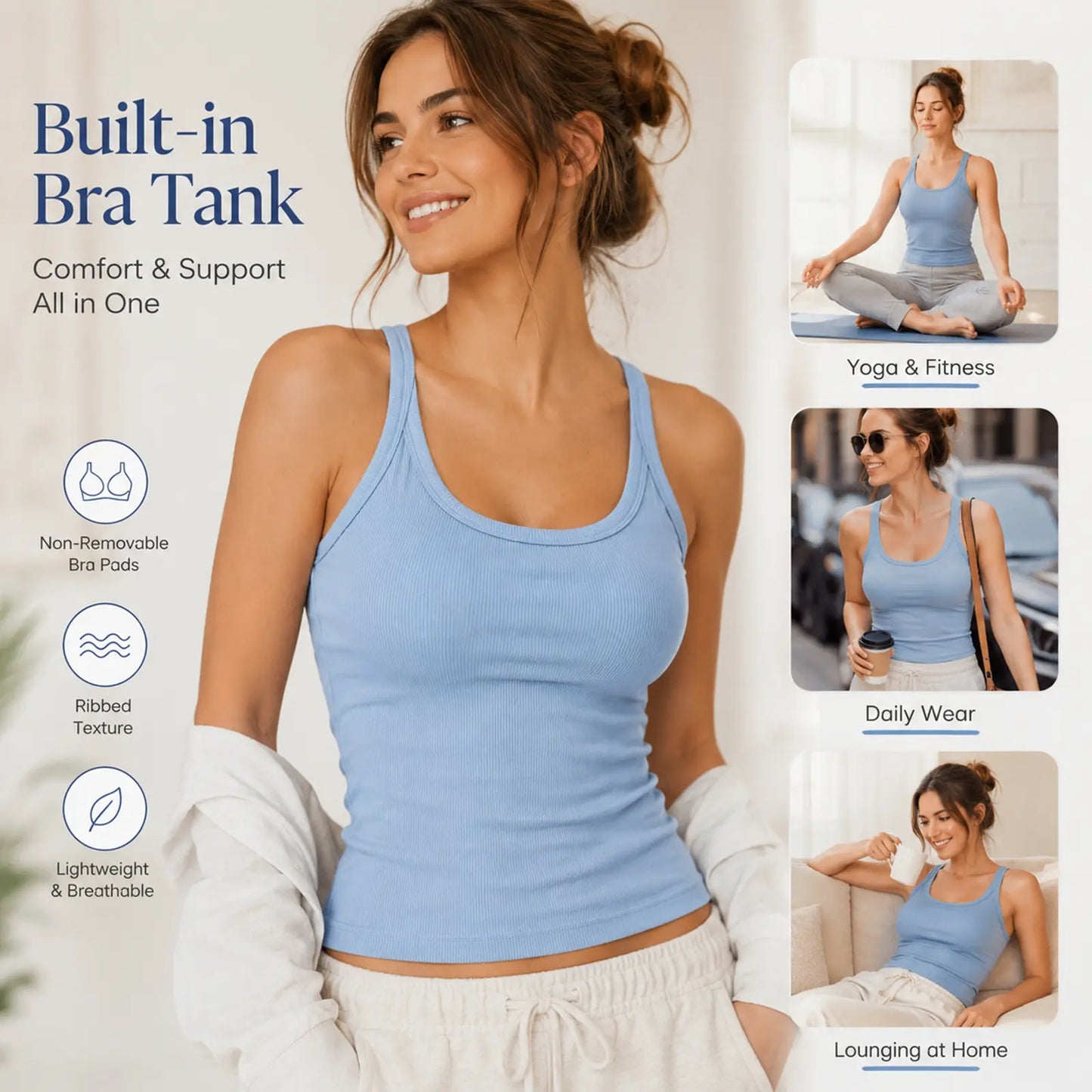Built-in Bra Tank Top for Women, Ribbed Cami