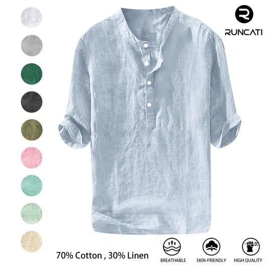 Runcati Men's Linen Shirt - Casual Cotton 3/4 Sleeve