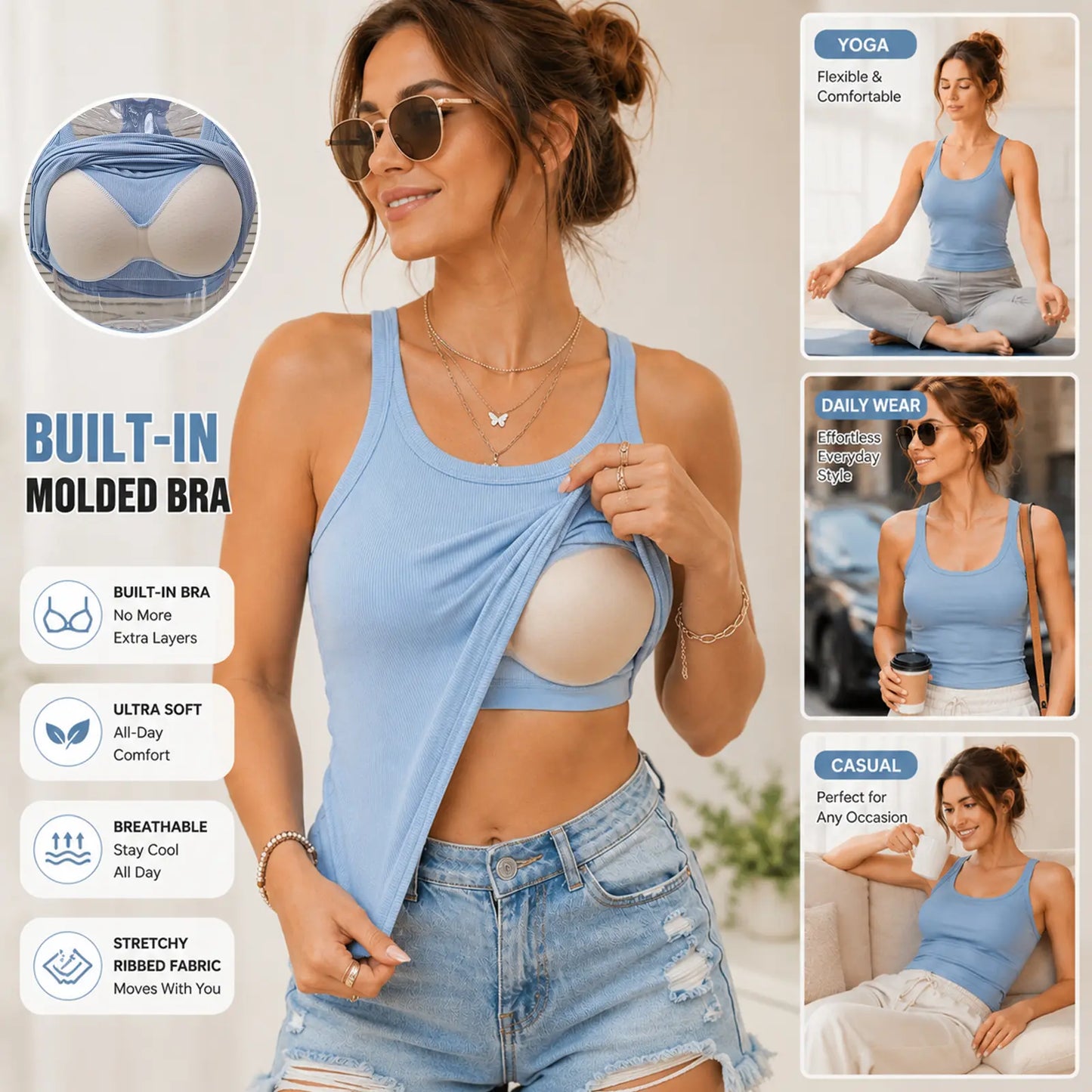 Built-in Bra Tank Top for Women, Ribbed Cami